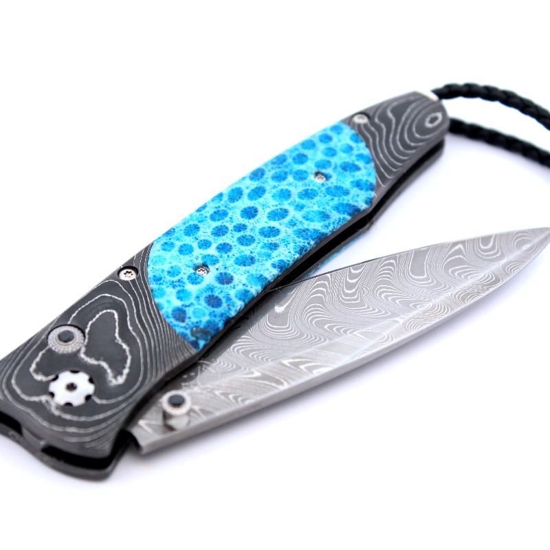 William Henry Gentac  Blue Spark  Pocket Knife Features A Beautiful Frame In Etched Twist Damascus By Chad Nichols Inlaid With Foddil Corral  The Blad Is A Hand Forged Boomerang Damascus  Also By Chad Nichols